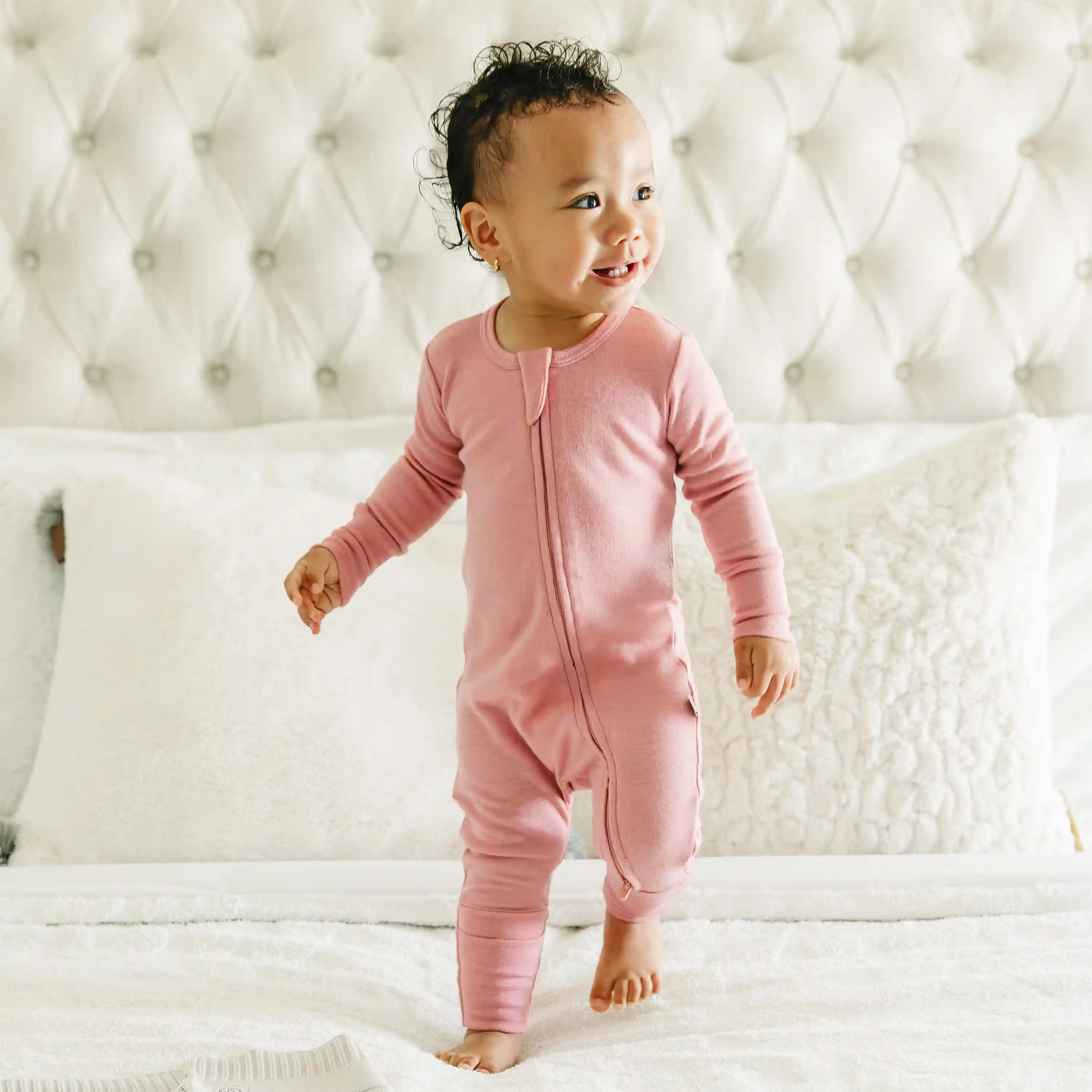Alternative view of Convertible Baby Romper, Footless Pajamas, Merino Wool, Blush
