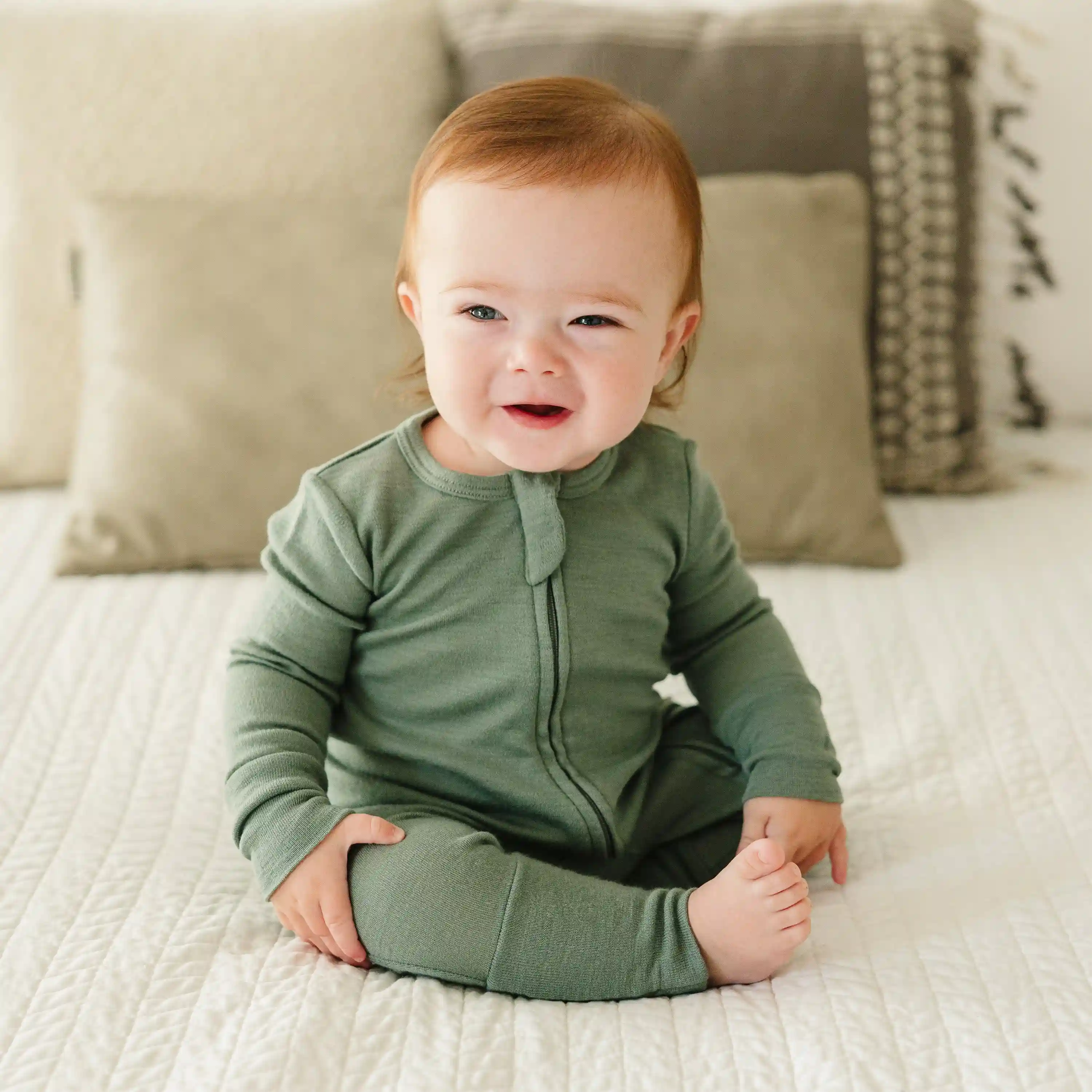 Alternative view of Convertible Baby Romper, Footless Pajamas, Merino Wool, Sage